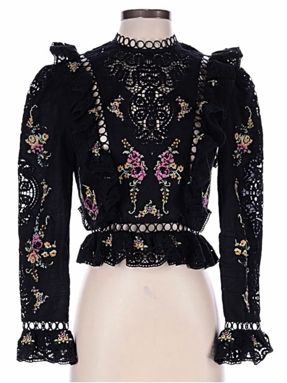 Zimmerman Black Lace Floral Embroidered Ruffle Top Sz.0